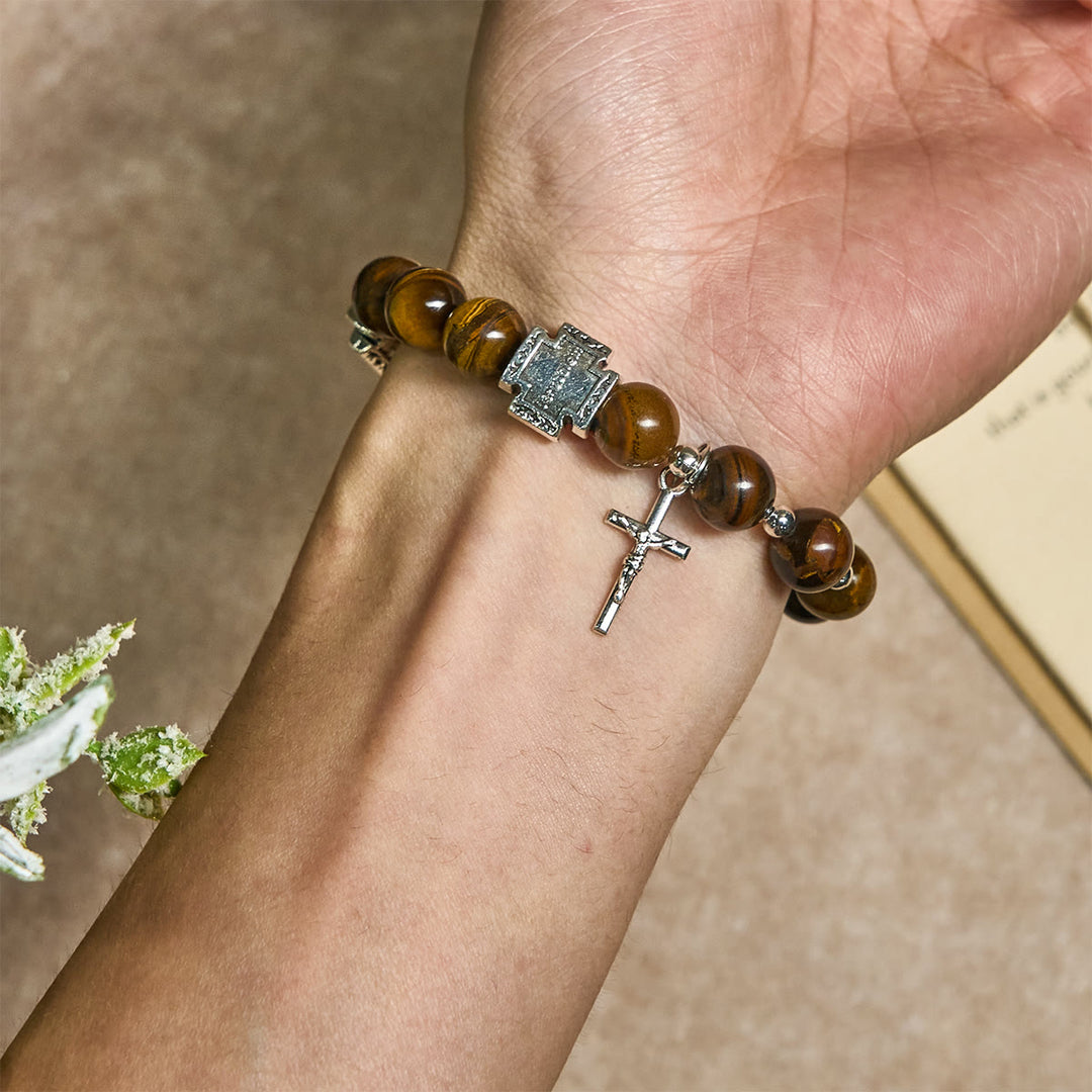 Courage in Christ Tiger Eye Stone Bracelet with Cross Charm: Pray without Fear