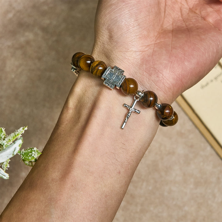 Courage in Christ Tiger Eye Stone Bracelet with Cross Charm: Pray without Fear