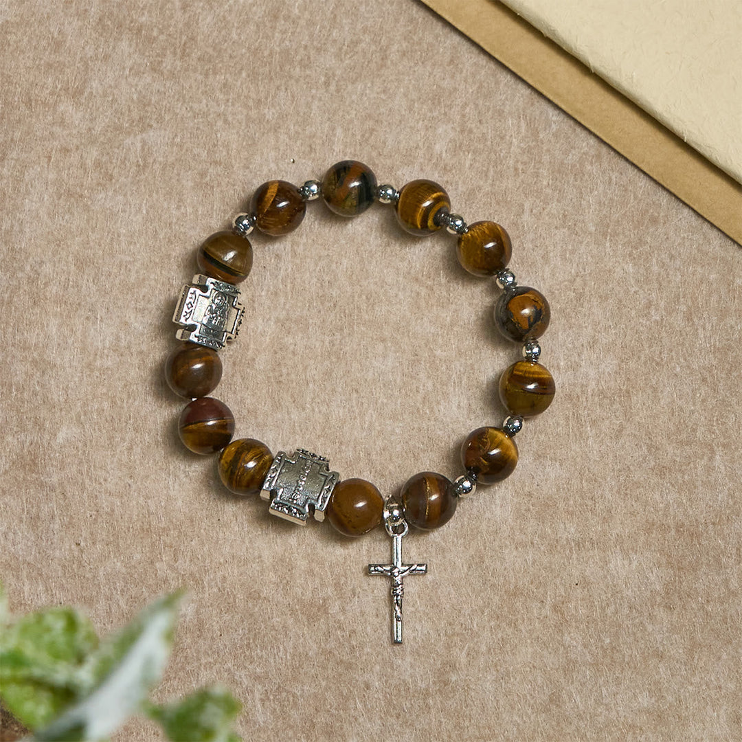 Courage in Christ Tiger Eye Stone Bracelet with Cross Charm: Pray without Fear