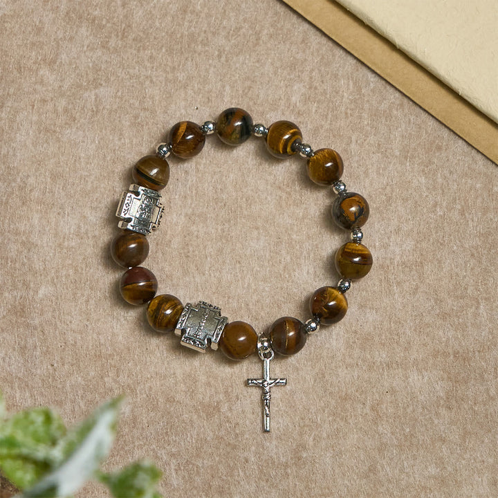 Courage in Christ Tiger Eye Stone Bracelet with Cross Charm: Pray without Fear