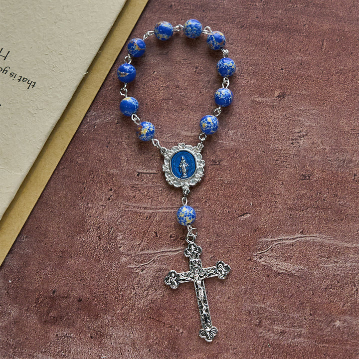Royal Blue-Tone Stone Beads One Decade Rosary, Bracelet: Grace Guided by Mary's Hand
