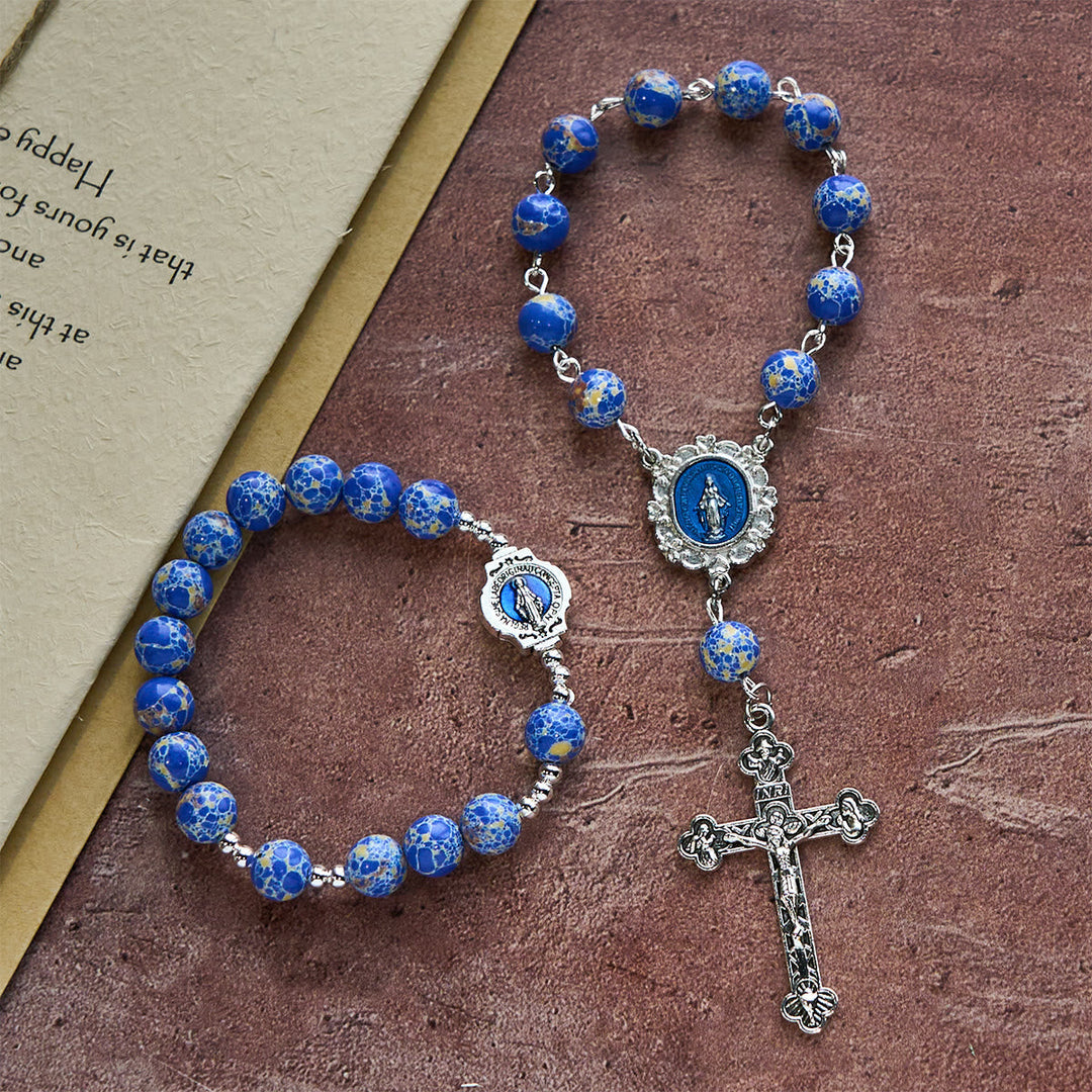 Royal Blue-Tone Stone Beads One Decade Rosary, Bracelet: Grace Guided by Mary's Hand