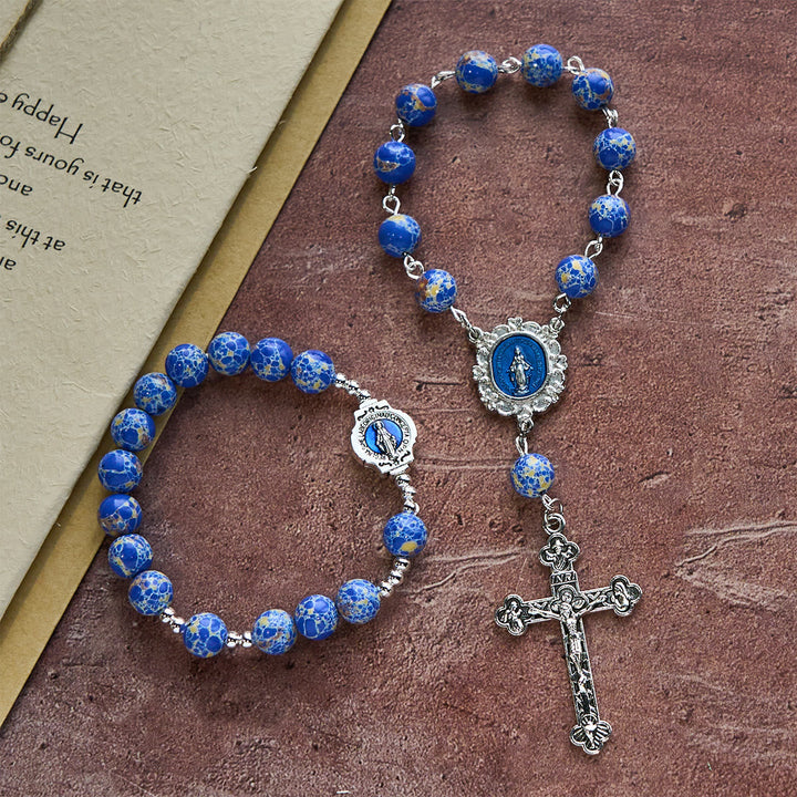 Royal Blue-Tone Stone Beads One Decade Rosary, Bracelet: Grace Guided by Mary's Hand