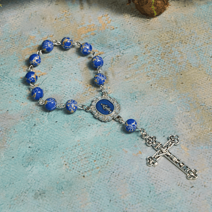 Royal Blue-Tone Stone Beads One Decade Rosary, Bracelet: Grace Guided by Mary's Hand