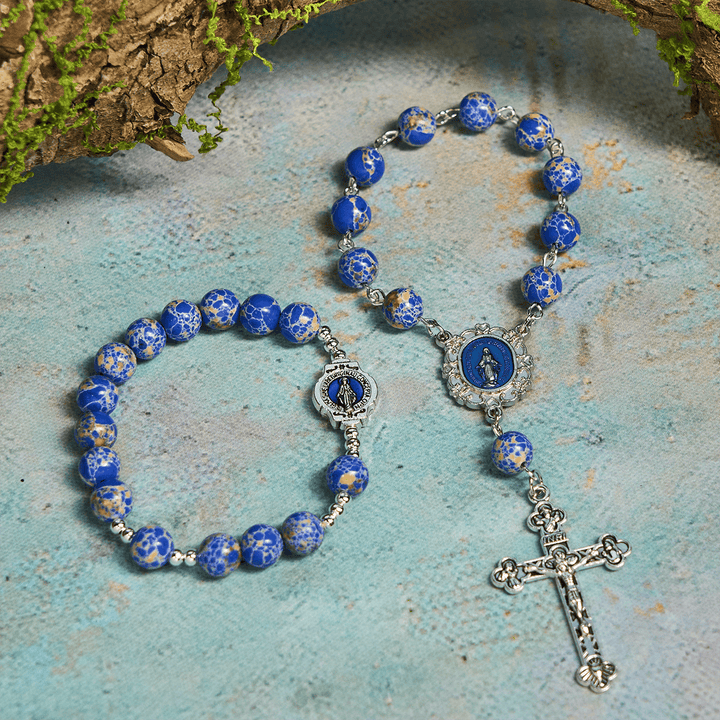 Royal Blue-Tone Stone Beads One Decade Rosary, Bracelet: Grace Guided by Mary's Hand