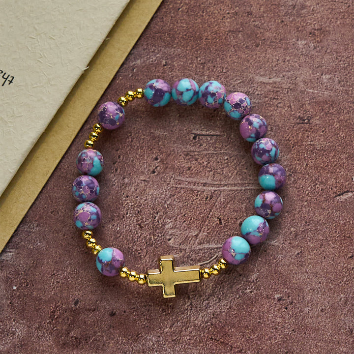 Purple Imperial Stone Marian Bracelet with Golden Cross: Devotion in Style
