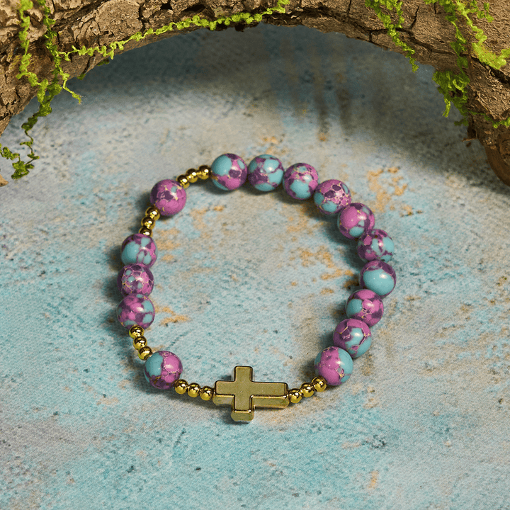 Purple Imperial Stone Marian Bracelet with Golden Cross: Devotion in Style