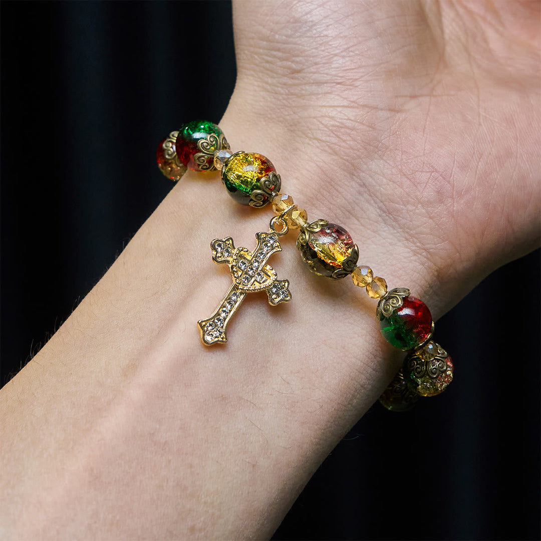 Christmas Glory Red-Green-Gold Glass Bead Bracelet: Faith That Shines