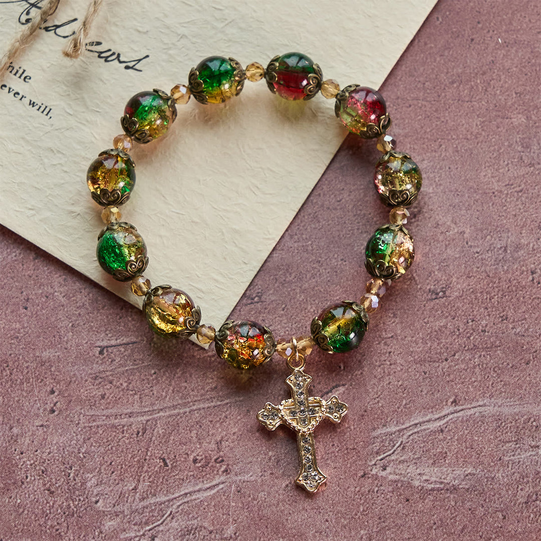 Christmas Glory Red-Green-Gold Glass Bead Bracelet: Faith That Shines