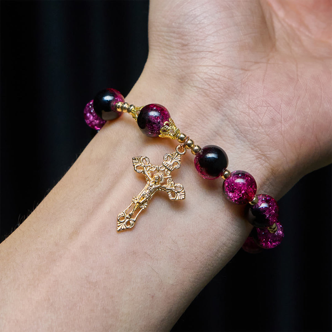 Grace and Strength Black-Pink Glass Bead Bracelet with Golden Cross
