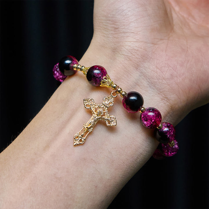 Grace and Strength Black-Pink Glass Bead Bracelet with Golden Cross