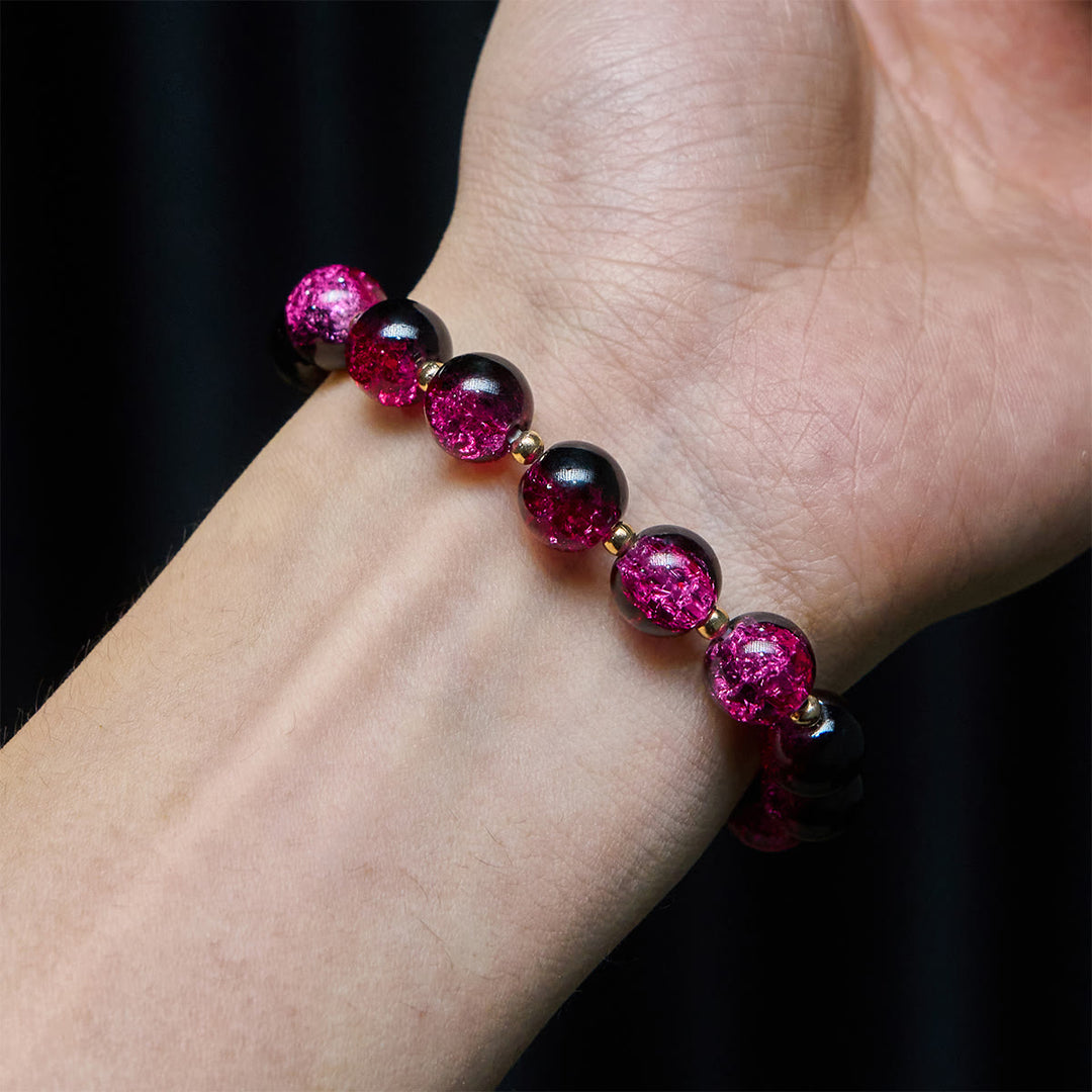 Grace and Strength Black-Pink Glass Bead Bracelet with Golden Cross