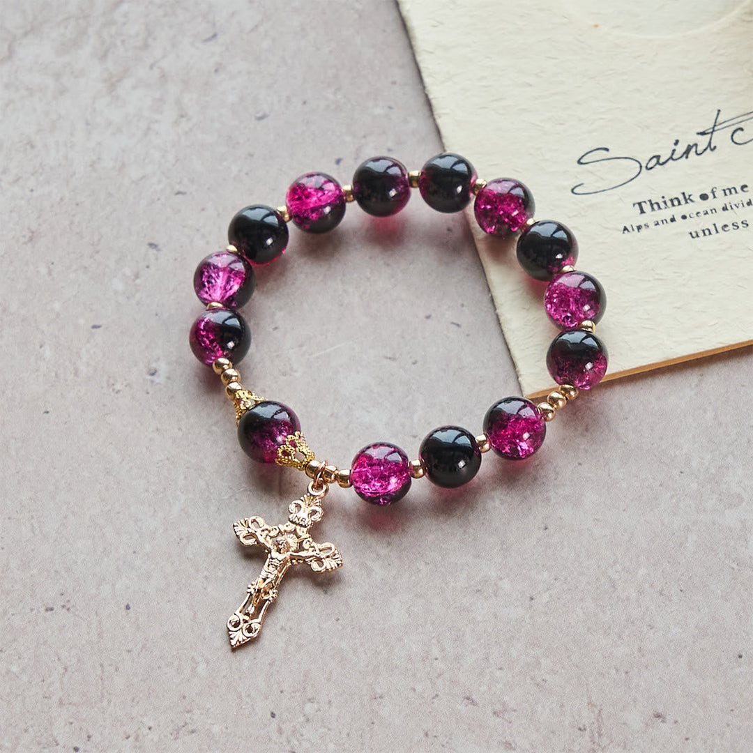 Grace and Strength Black-Pink Glass Bead Bracelet with Golden Cross