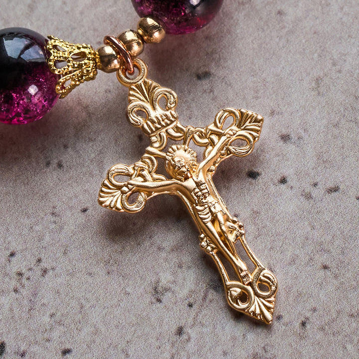 Grace and Strength Black-Pink Glass Bead Bracelet with Golden Cross
