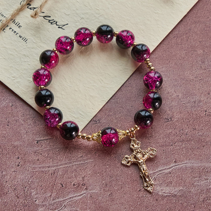 Grace and Strength Black-Pink Glass Bead Bracelet with Golden Cross