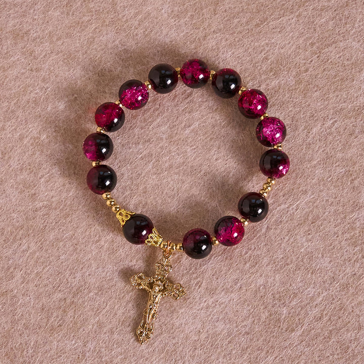 Grace and Strength Black-Pink Glass Bead Bracelet with Golden Cross