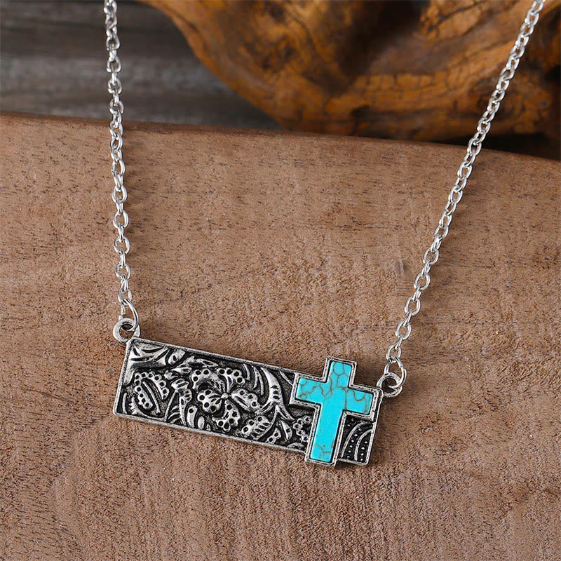Turquoise Cross Bar Pendant Necklace: Western Faith & Artistic Devotion