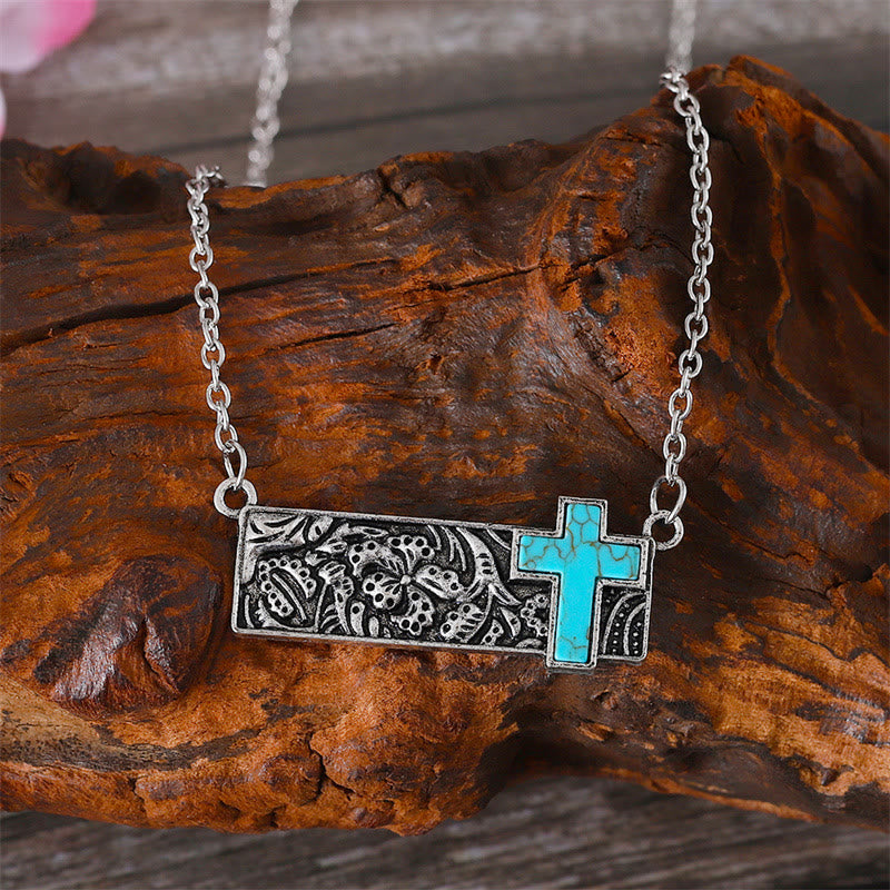 Turquoise Cross Bar Pendant Necklace: Western Faith & Artistic Devotion