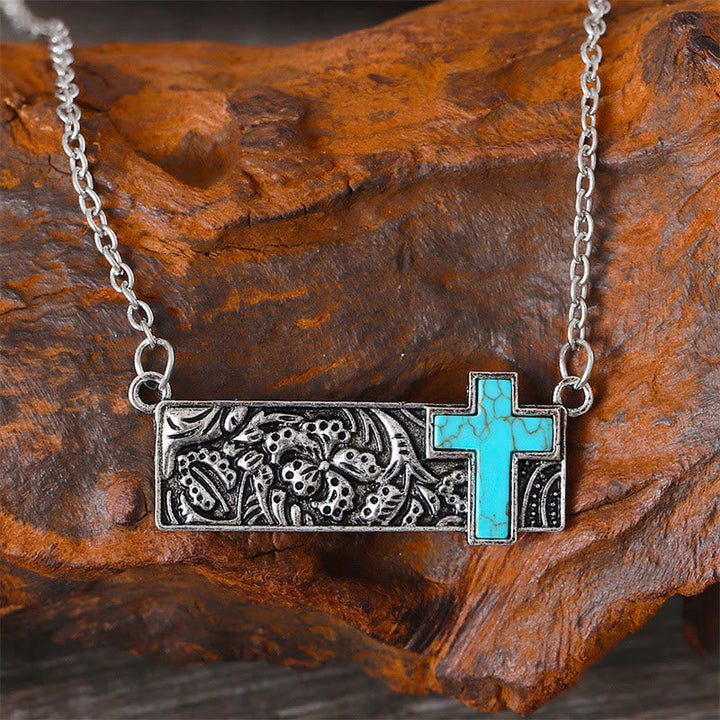 Turquoise Cross Bar Pendant Necklace: Western Faith & Artistic Devotion