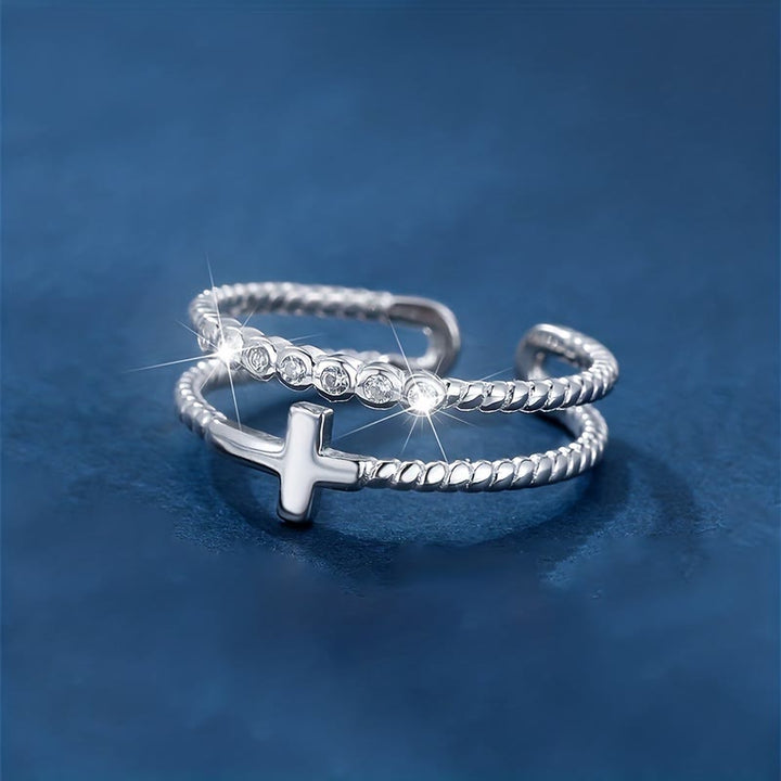 Dual-Band Cross Ring: Zircon Sparkle & Faith Devotion for Daily Wear