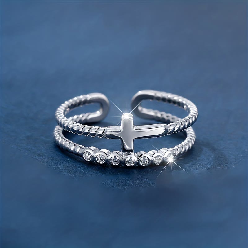 Dual-Band Cross Ring: Zircon Sparkle & Faith Devotion for Daily Wear
