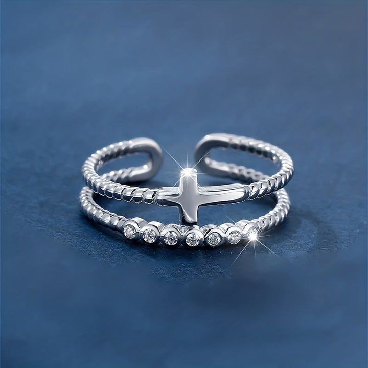 Dual-Band Cross Ring: Zircon Sparkle & Faith Devotion for Daily Wear