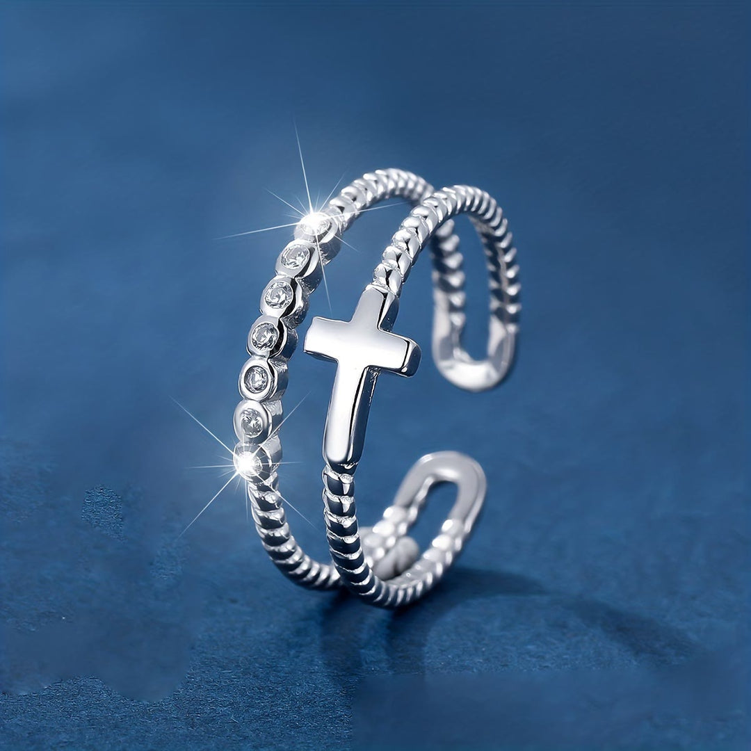 Dual-Band Cross Ring: Zircon Sparkle & Faith Devotion for Daily Wear