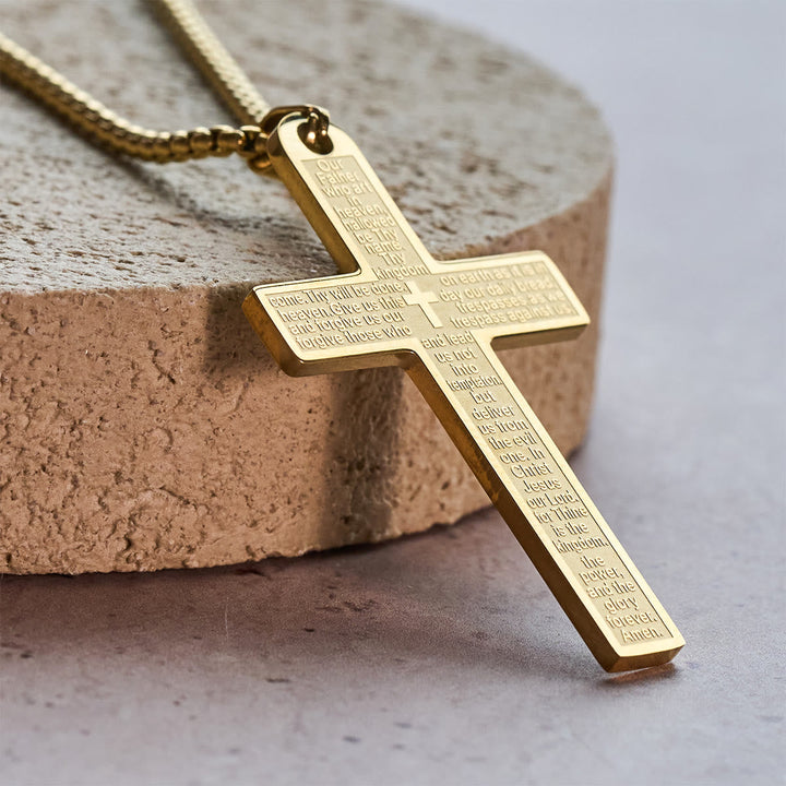 Stainless Steel Lord's Prayer Pendant Cross Necklace