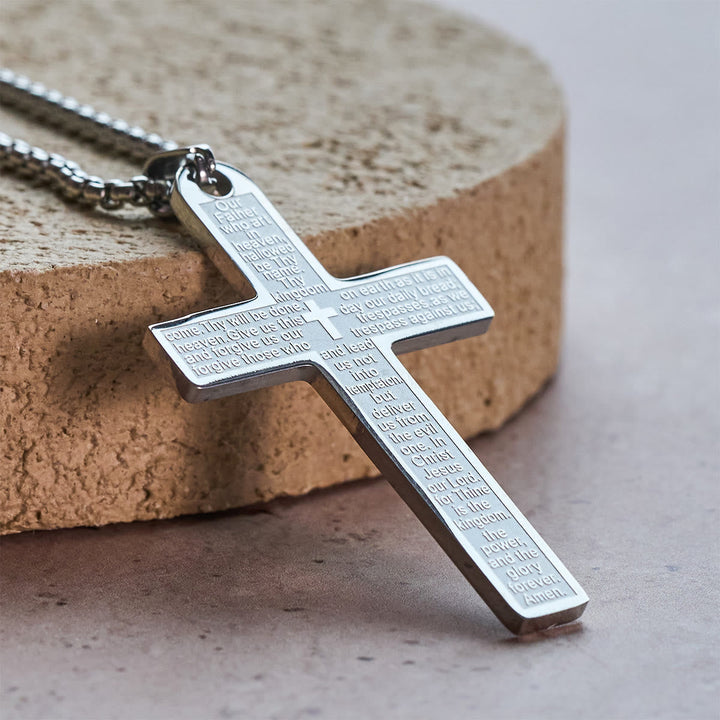 Stainless Steel Lord's Prayer Pendant Cross Necklace