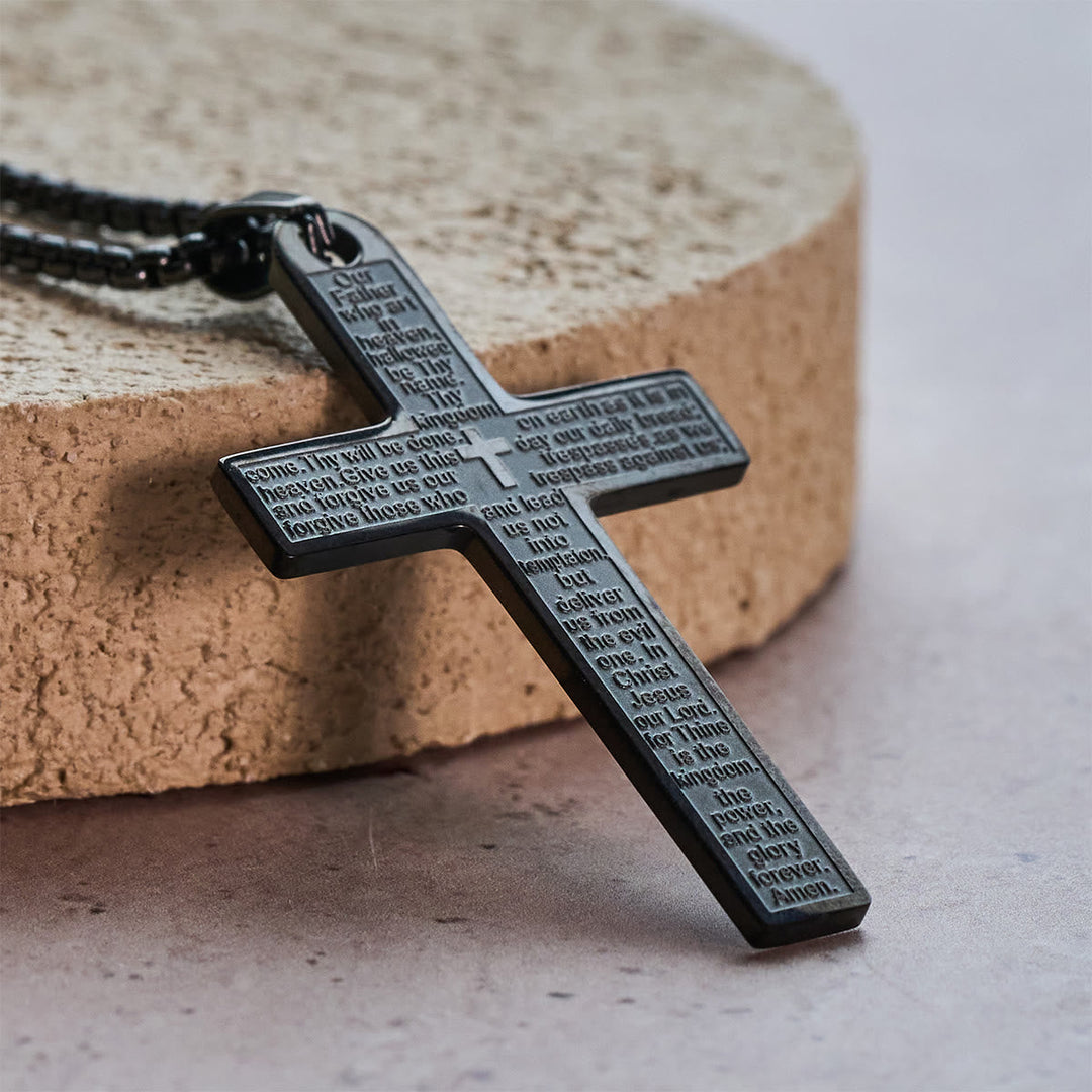 Stainless Steel Lord's Prayer Pendant Cross Necklace