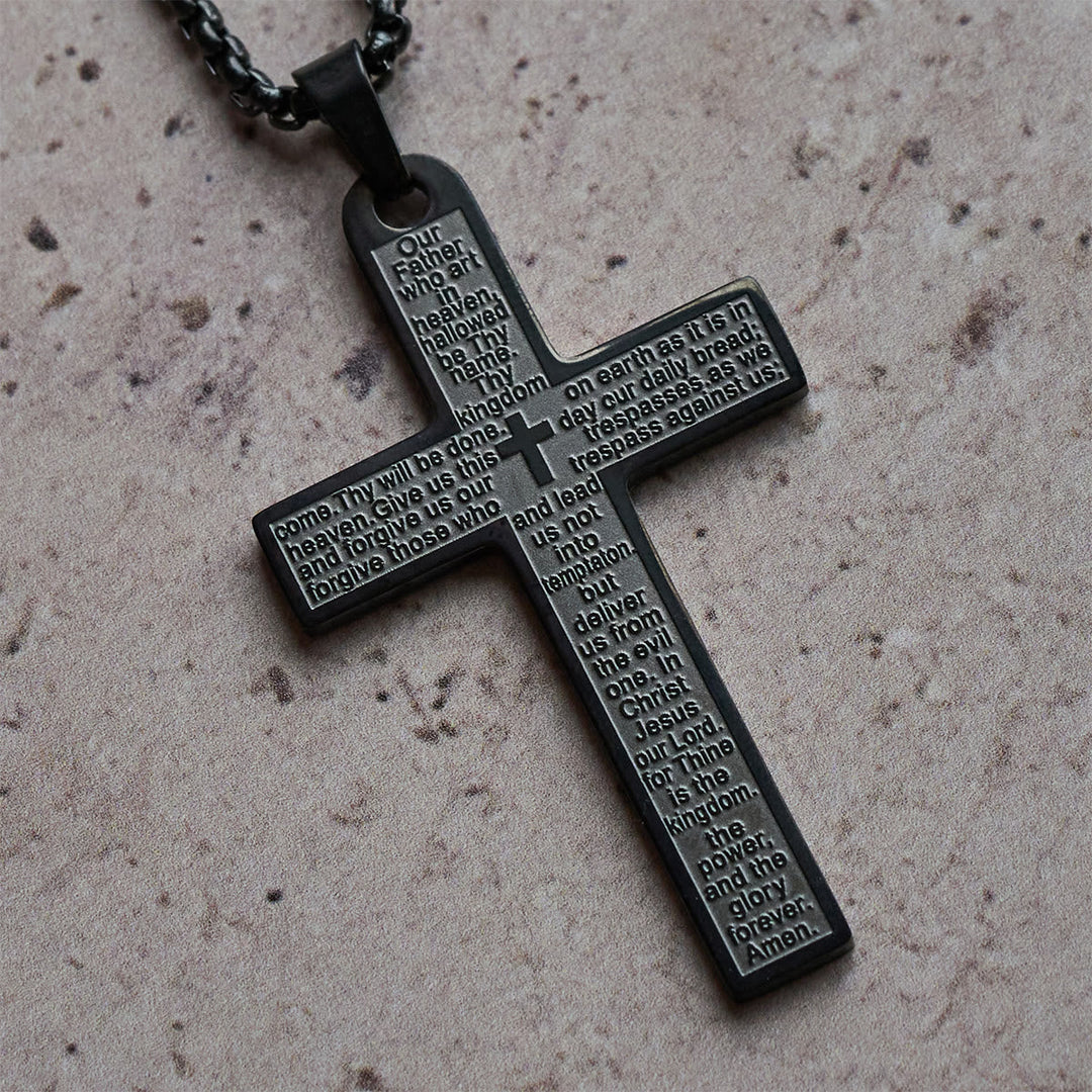 Stainless Steel Lord's Prayer Pendant Cross Necklace