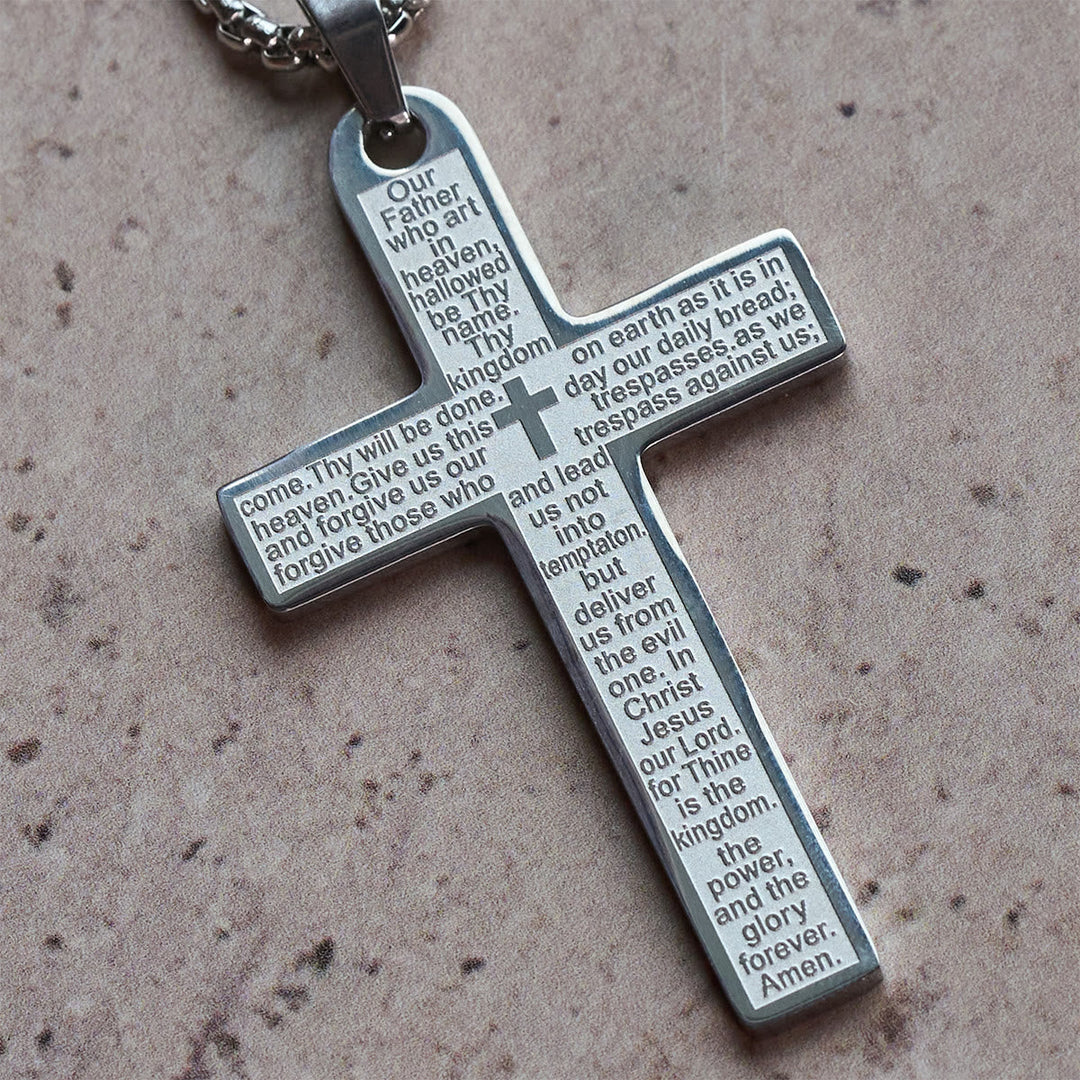 Stainless Steel Lord's Prayer Pendant Cross Necklace