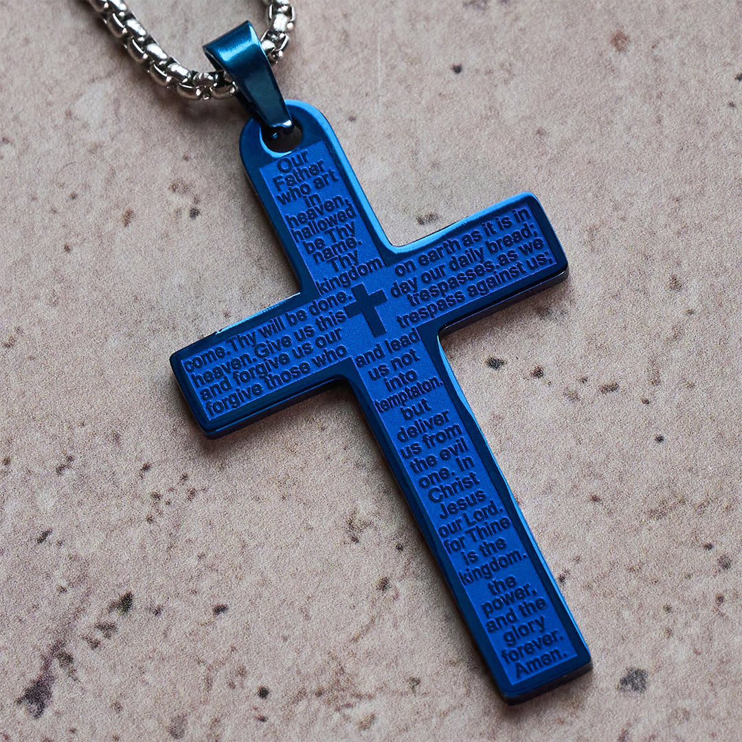 Stainless Steel Lord's Prayer Pendant Cross Necklace