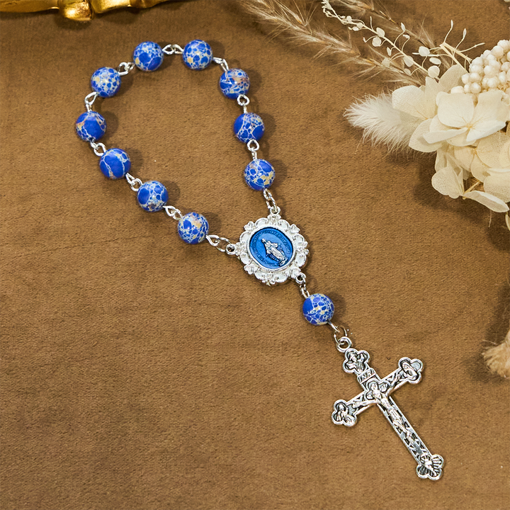 Royal Blue-Tone Stone Beads One Decade Rosary, Bracelet: Grace Guided by Mary's Hand
