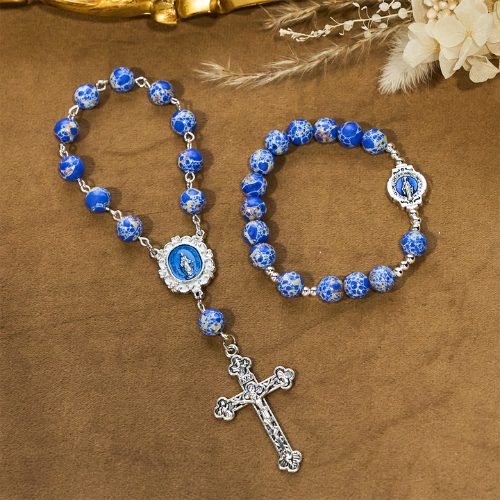 Royal Blue-Tone Stone Beads One Decade Rosary, Bracelet: Grace Guided by Mary's Hand