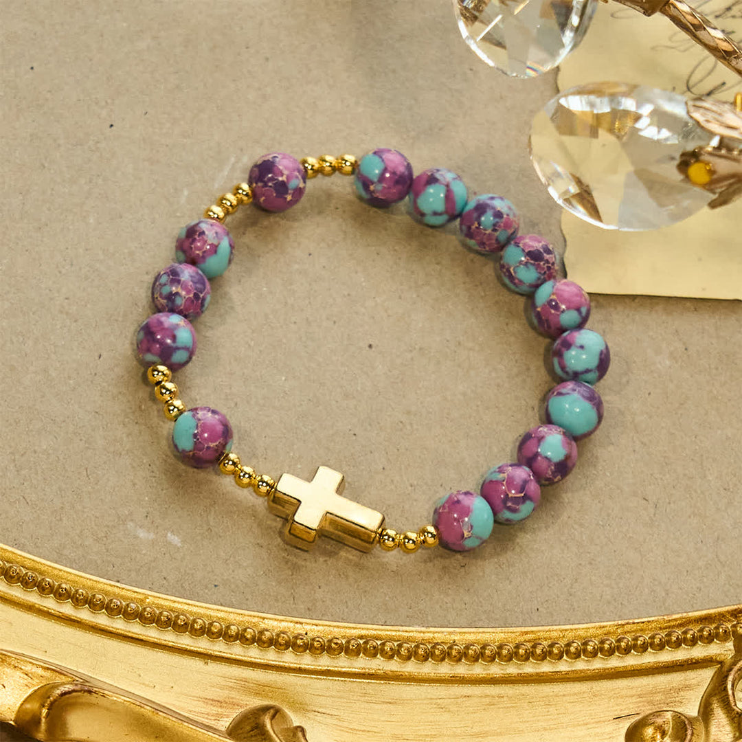 Purple Imperial Stone Marian Bracelet with Golden Cross: Devotion in Style
