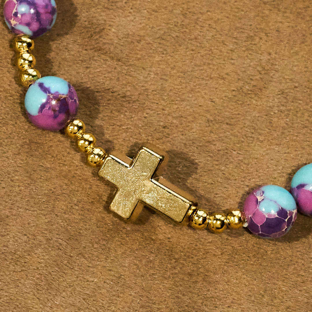 Purple Imperial Stone Marian Bracelet with Golden Cross: Devotion in Style