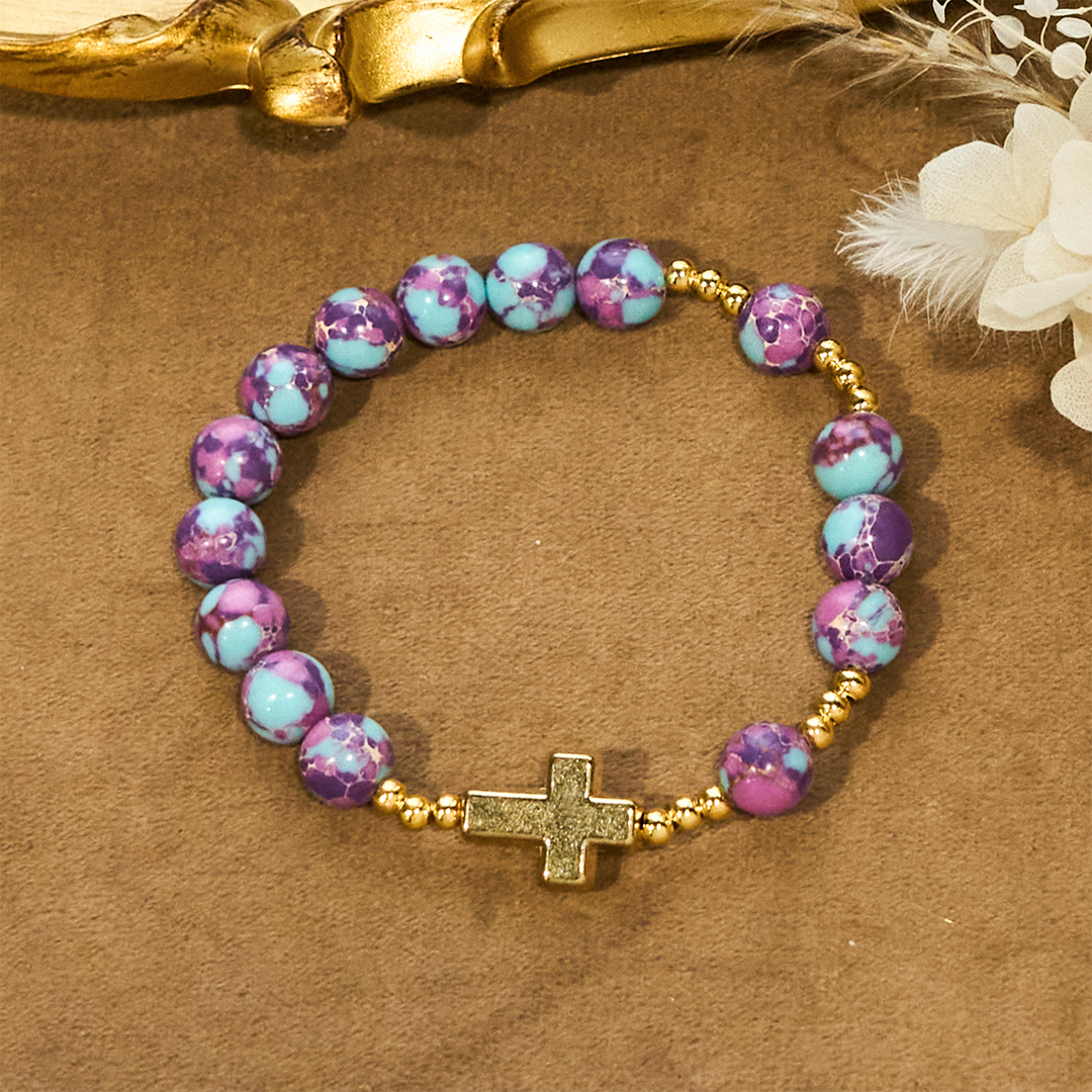 Purple Imperial Stone Marian Bracelet with Golden Cross: Devotion in Style