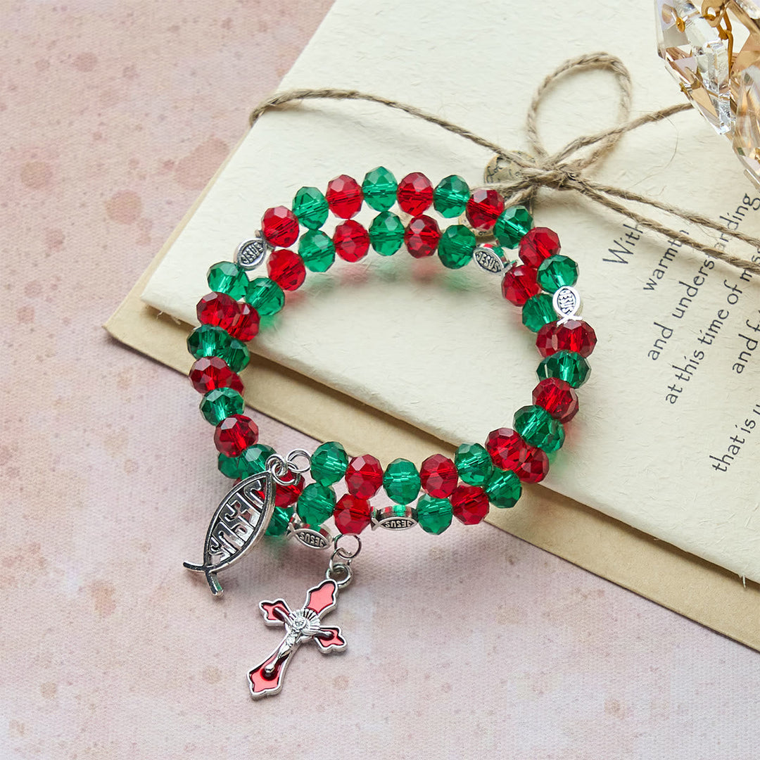 Faith Red & Green Memory Wire Rosary Bracelet with JESUS Fish & Crucifix