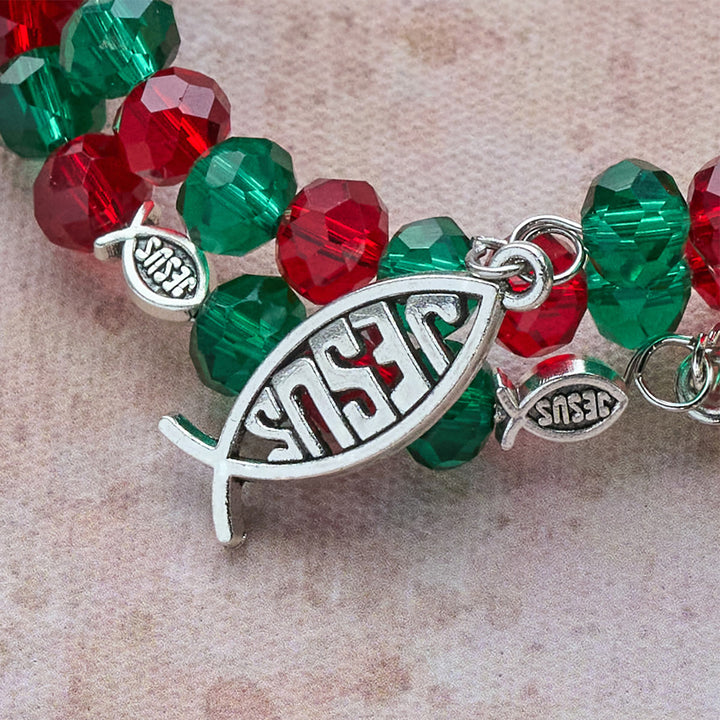Faith Red & Green Memory Wire Rosary Bracelet with JESUS Fish & Crucifix