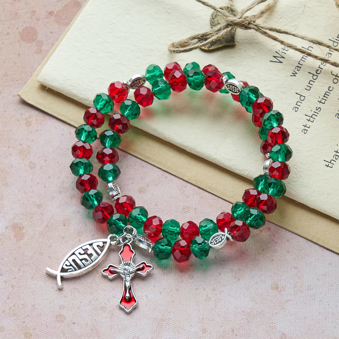 Faith Red & Green Memory Wire Rosary Bracelet with JESUS Fish & Crucifix