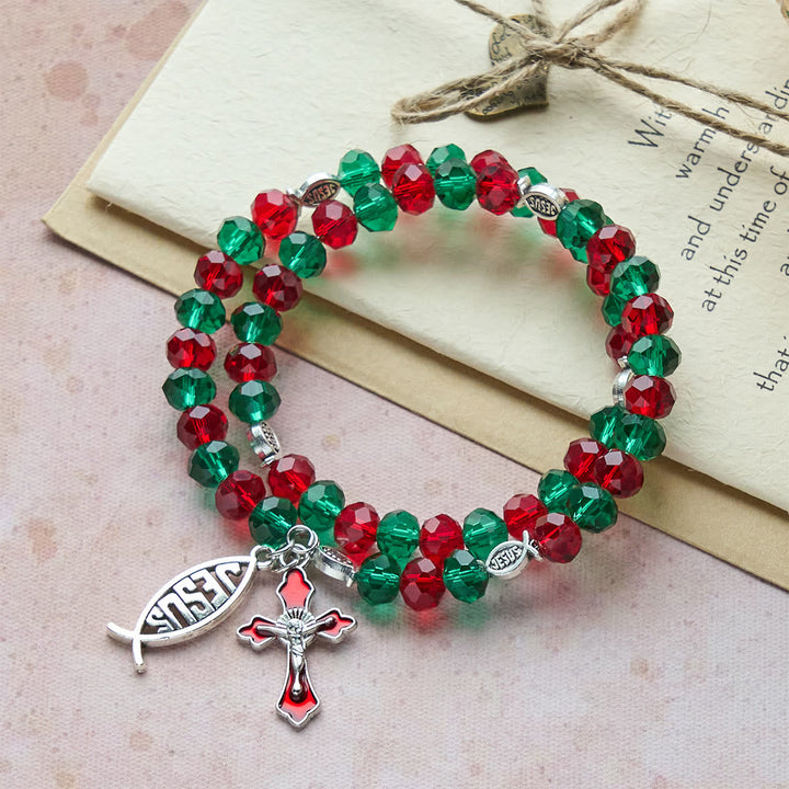 Faith Red & Green Memory Wire Rosary Bracelet with JESUS Fish & Crucifix
