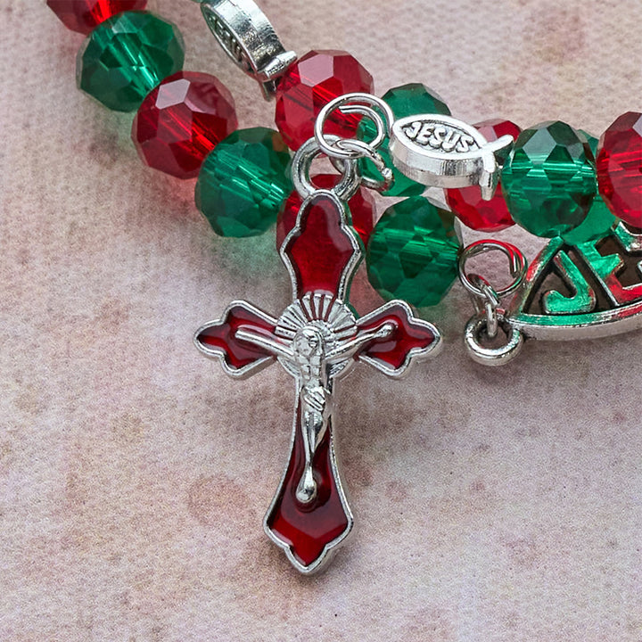 Faith Red & Green Memory Wire Rosary Bracelet with JESUS Fish & Crucifix