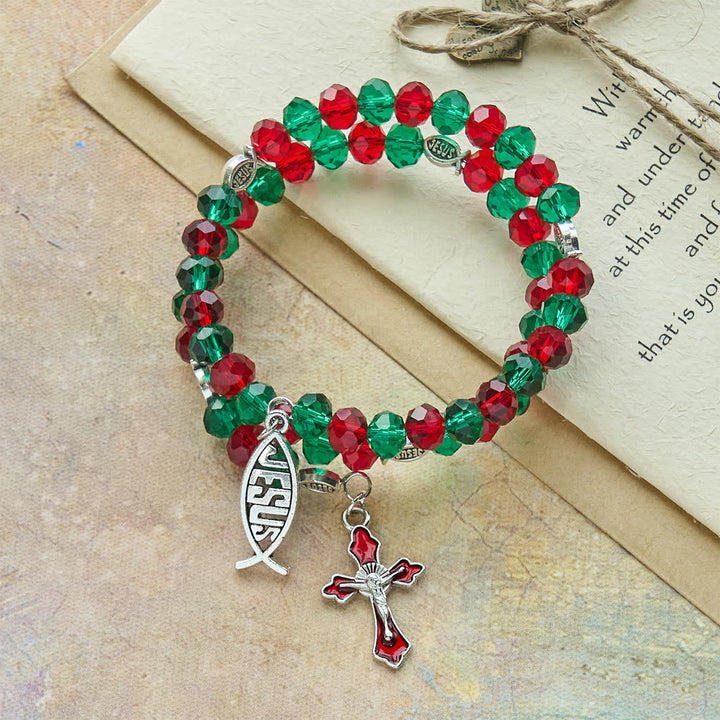 Faith Red & Green Memory Wire Rosary Bracelet with JESUS Fish & Crucifix