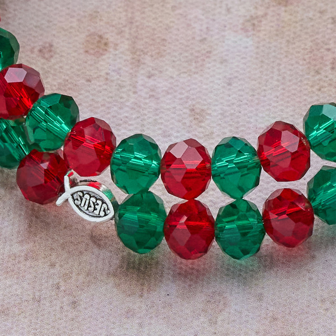 Faith Red & Green Memory Wire Rosary Bracelet with JESUS Fish & Crucifix