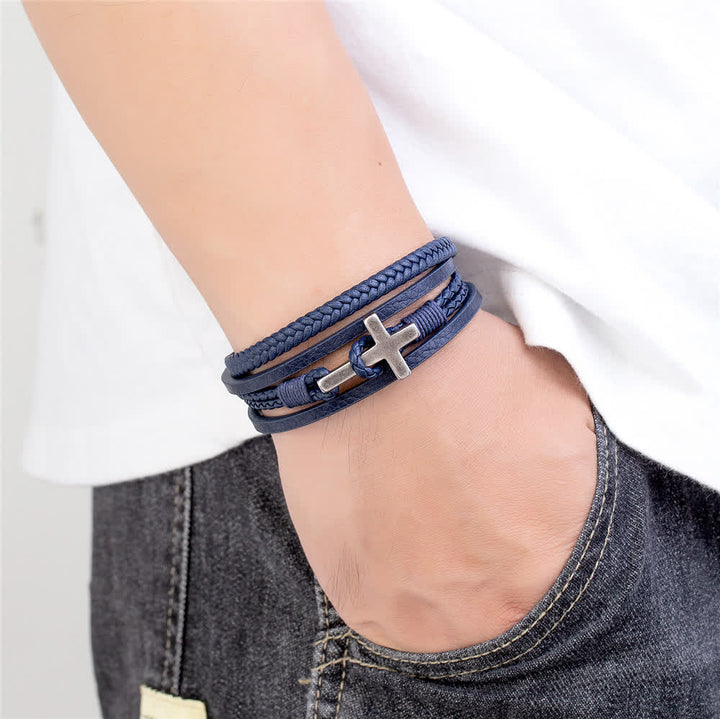 Tri - Color Stainless Steel Cross & Braided Leather Fashion Bracelet