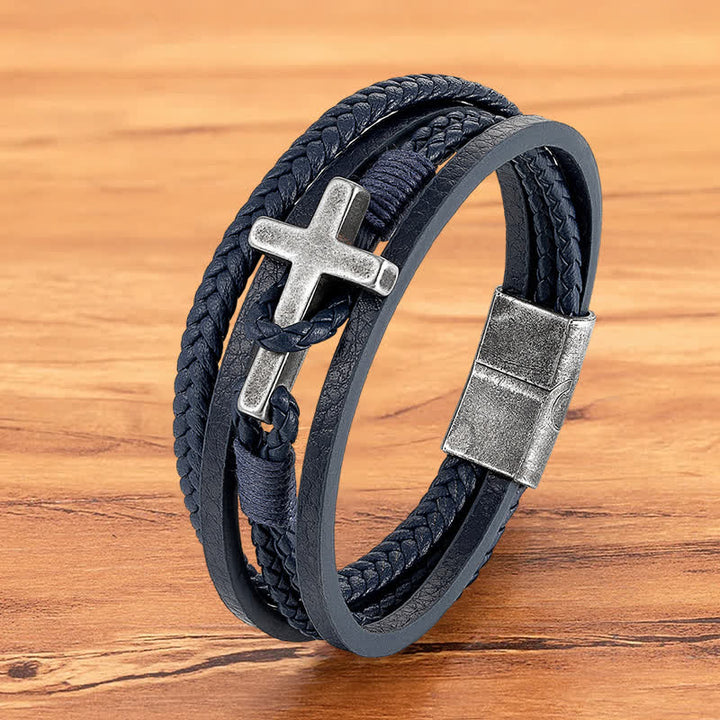 Tri - Color Stainless Steel Cross & Braided Leather Fashion Bracelet