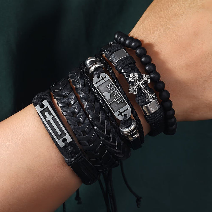 Faith-Driven Leather Bracelet Set of 6: Devotion & Stylish Expression