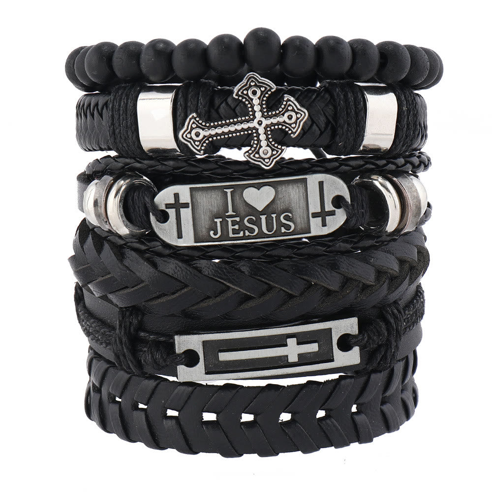Faith-Driven Leather Bracelet Set of 6: Devotion & Stylish Expression