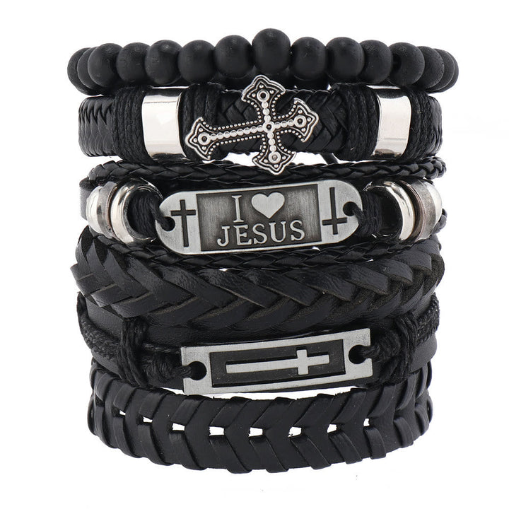 Faith-Driven Leather Bracelet Set of 6: Devotion & Stylish Expression